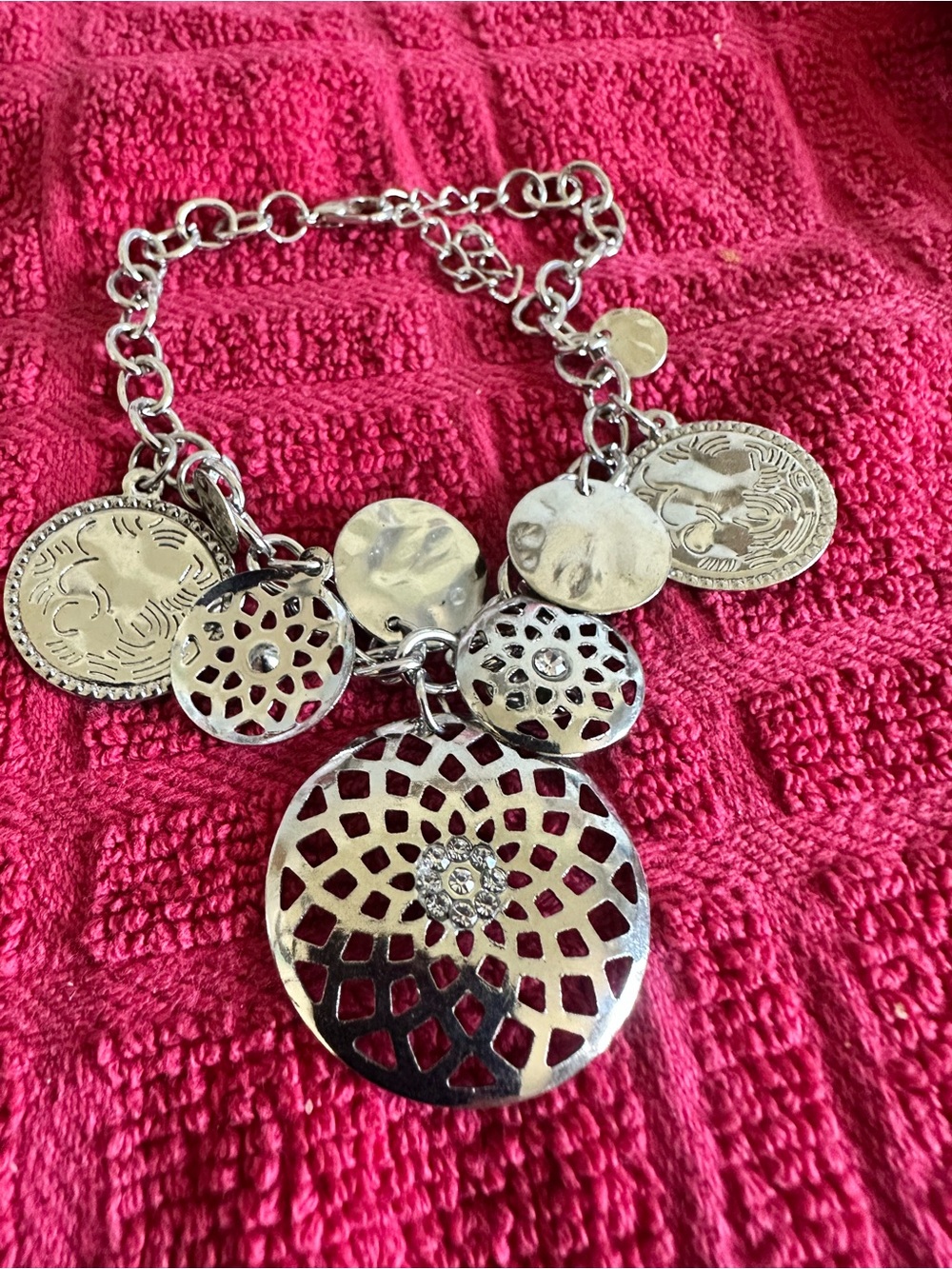 Silver-Tone Filigree Disc Charm bracelet- Silver